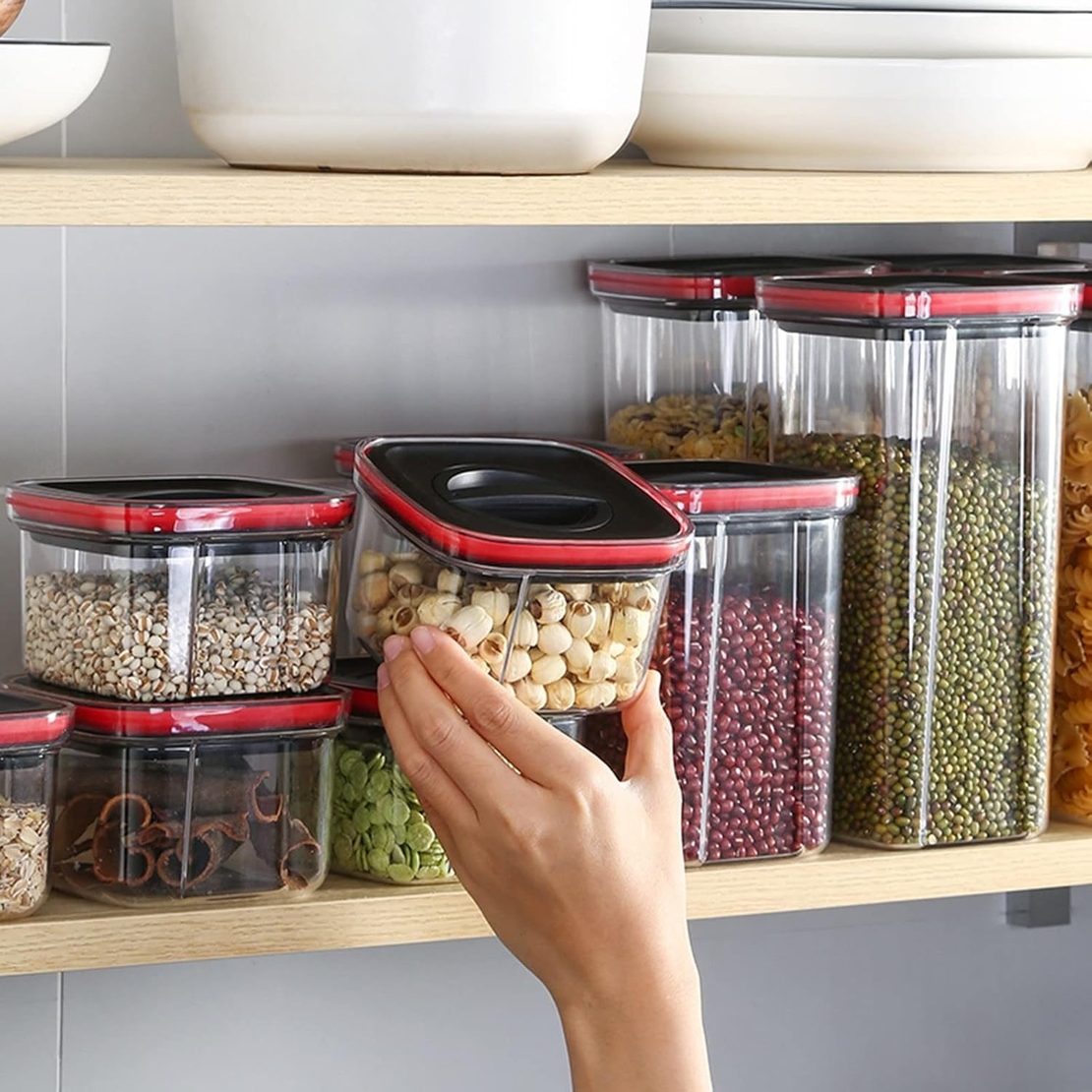 Cutii de Depozitare Alimente, Flippy, Set din 5 Cuti de tip Container, Recipiente pentru Cereale in Bucatarie, Transparente cu Capac Negru