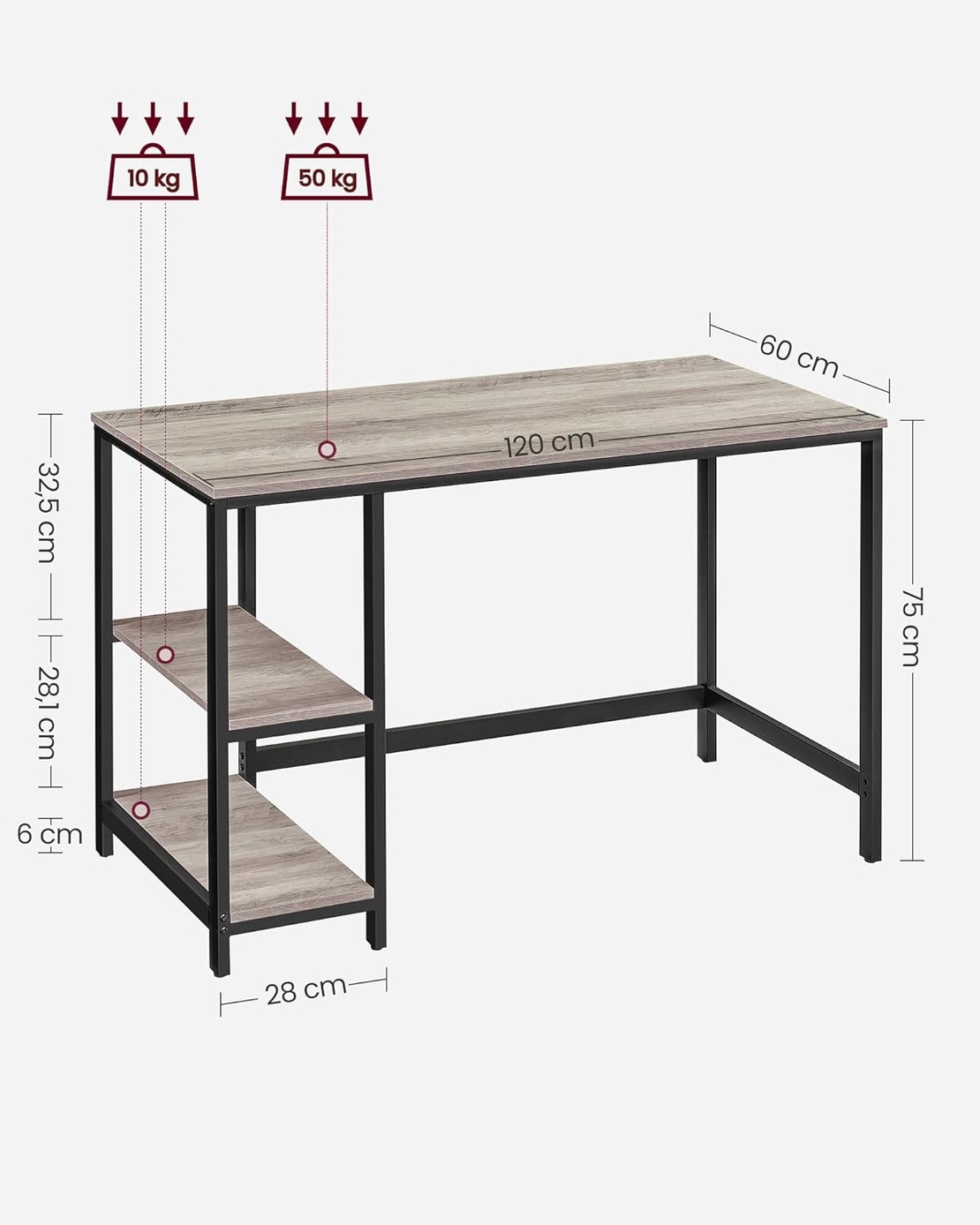 VASAGLE Birou cu 2 rafturi pe stanga sau dreapta, cadru din otel, 60x120x75cm, industrial, gri stejar