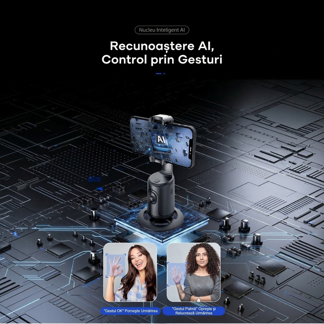 Stabilizator Pentru Telefon Cu Urmarire Automata, Flippy, AI Face Tracking, Rotire 360 Grade, 17 x 8 cm, Negru