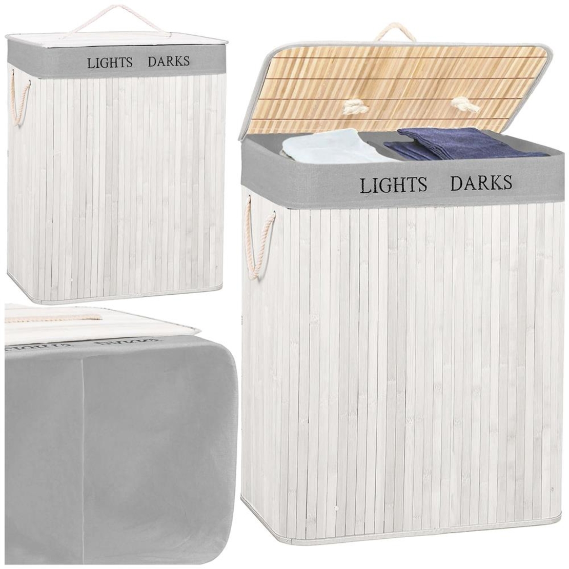 Cos pentru rufe din bambus, pliabil, cu 2 compartimente, volum 105 L, 63x52x33 cm, alb si gri