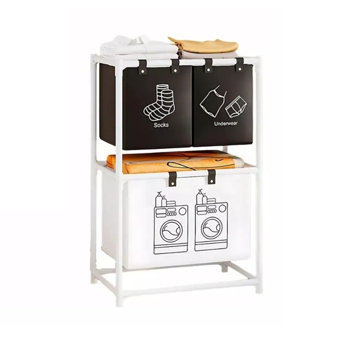 Cos de Rufe, Flippy, cu 2 Etaje, 3 Cosuri, Cadru de Otel Inoxidabil, 97x28x57 cm, Alb