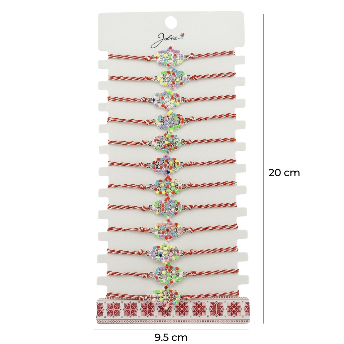 Bratara Martisor pentru Dama, Jolie, Model Floare, Set 12 bucati, Pandativ Argintiu din Inox cu Elemente Multicolore, Snur Alb/Rosu