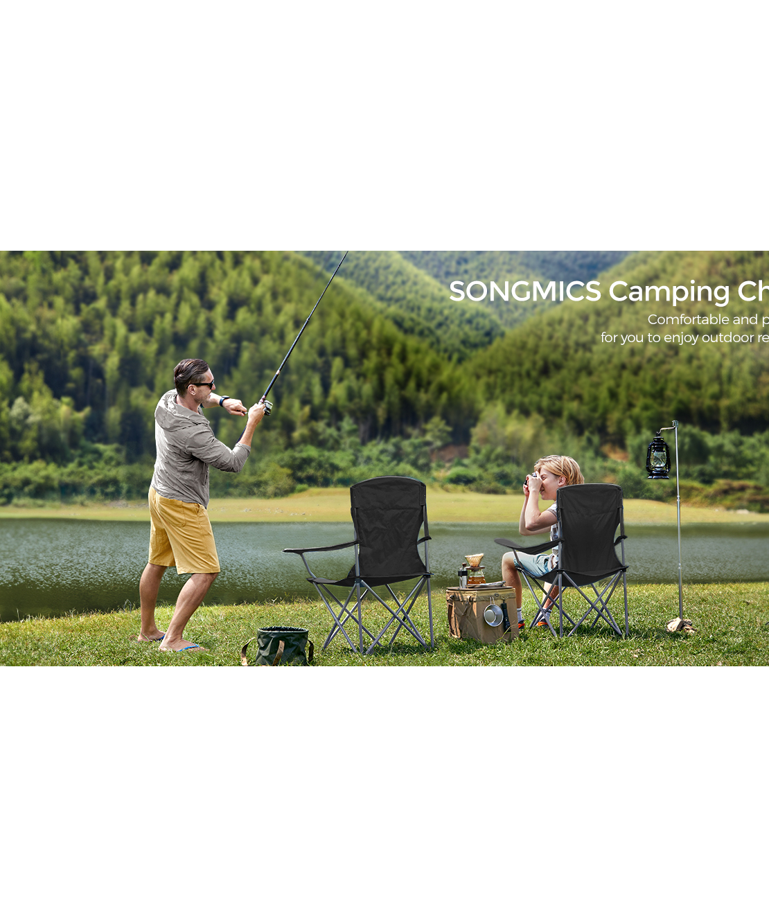SONGMICS Set 2 scaune pliabile de camping sau pescuit, suport pahar, maxim 150kg, negru