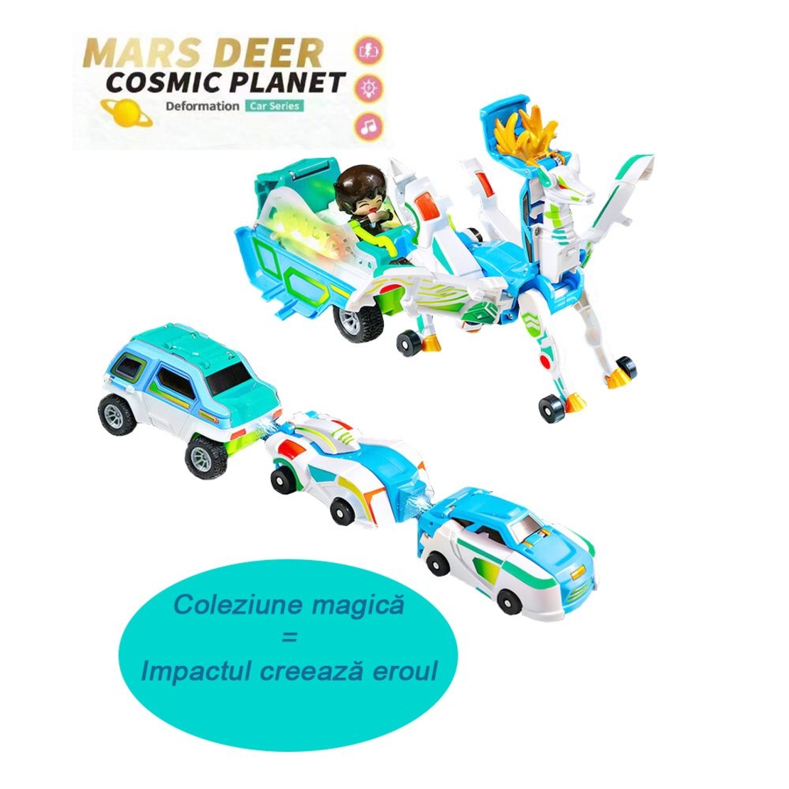 Jucarie Transformer Magnetica 3 in 1 Mars Deer Cosmic Planet, Flippy, 3 Masini Care se Transforma in Pegas Inaripat, Atractie Magnetica, 3+ Ani, din ABS, Albastru