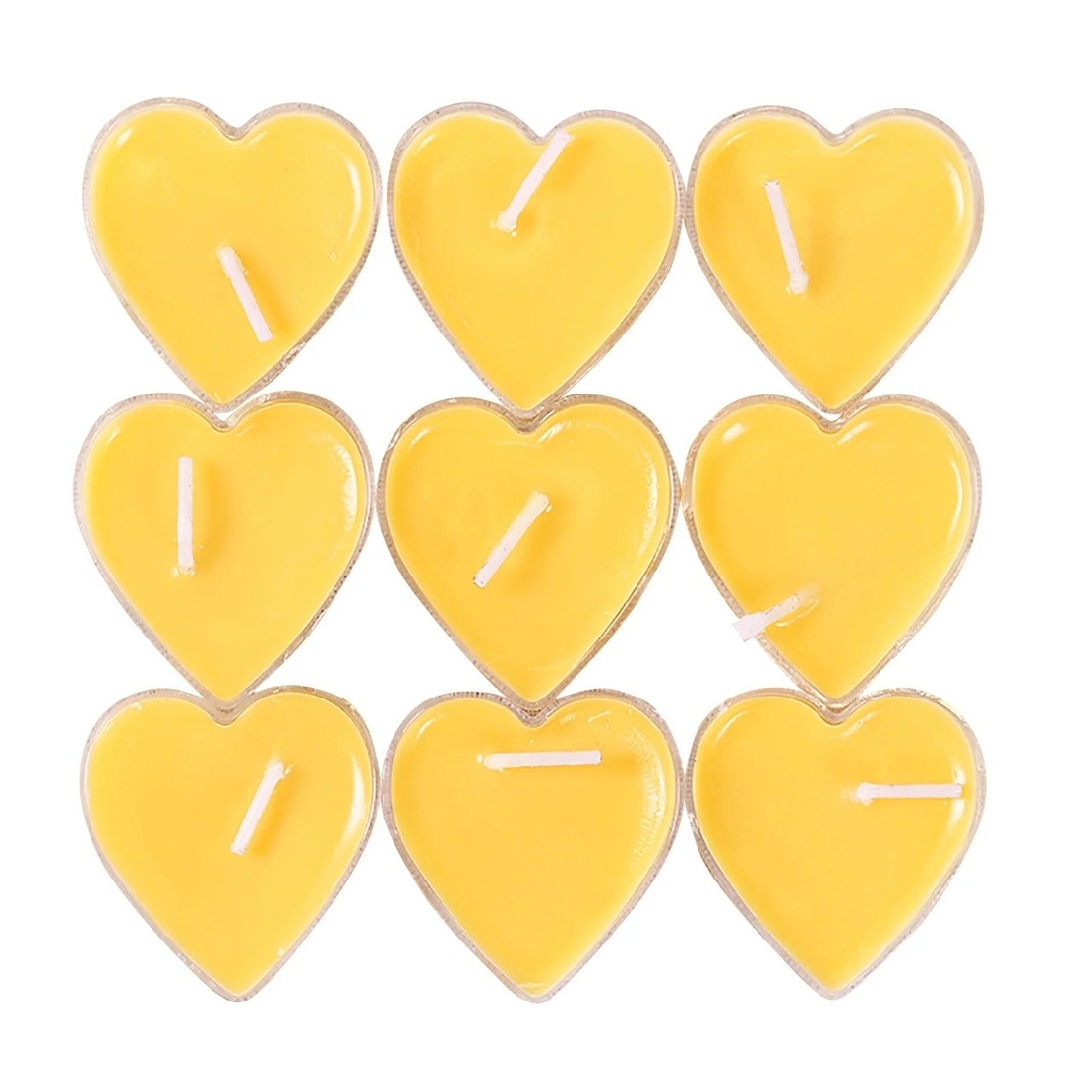 Set 9 Lumanari in Forma de Inima, Flippy, pentru Ziua Indragostitilor, Aroma de Citrice, Ardere 3.5 h, din Parafina, 4 x 2 cm, Galben