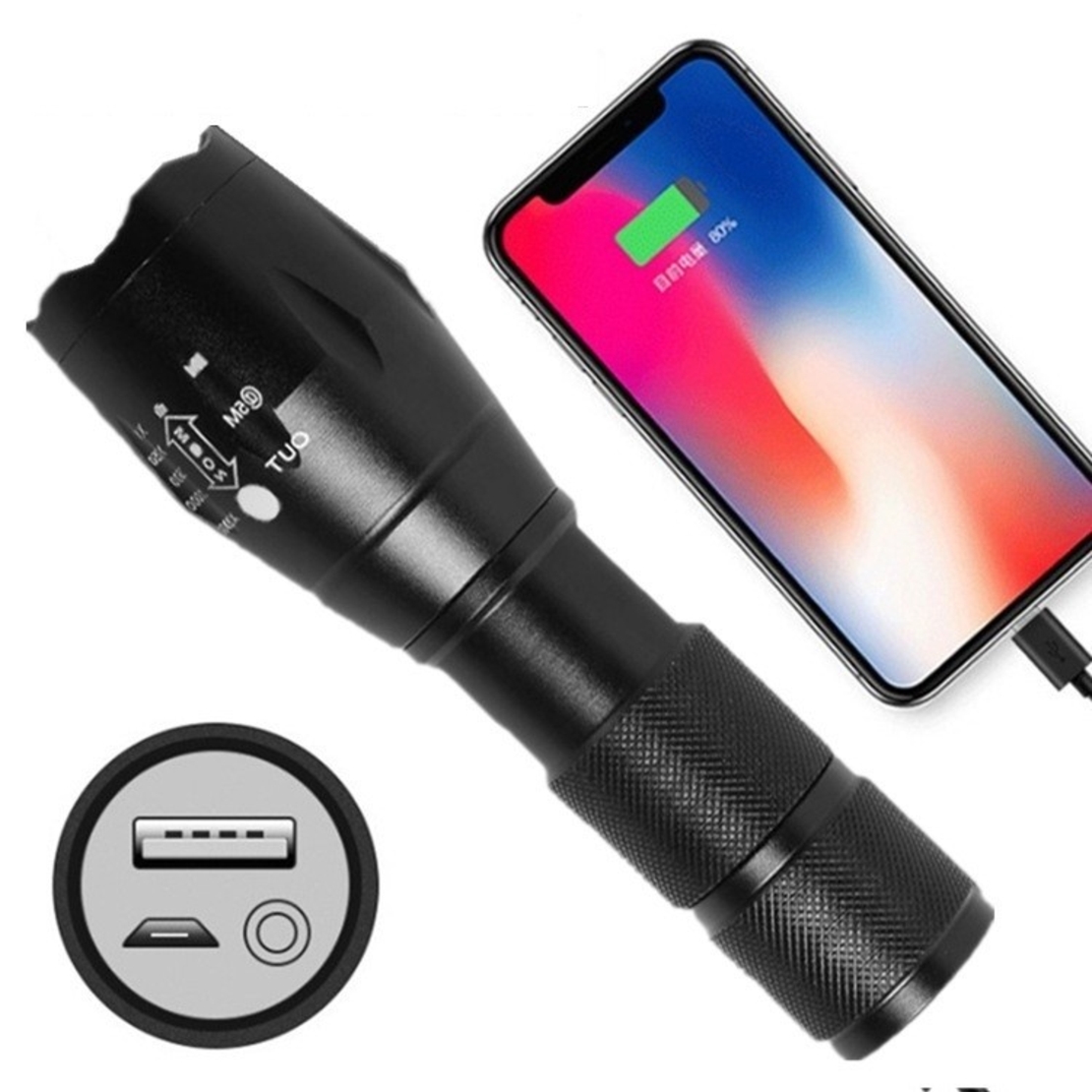 Lanterna Power Bank LED, Vafy, Incarcare USB, Raza 300m, 5W, Model T9 Telescopic 14.7 -15.7 cm, Functie Zoom si Incarcare Telefon, Negru