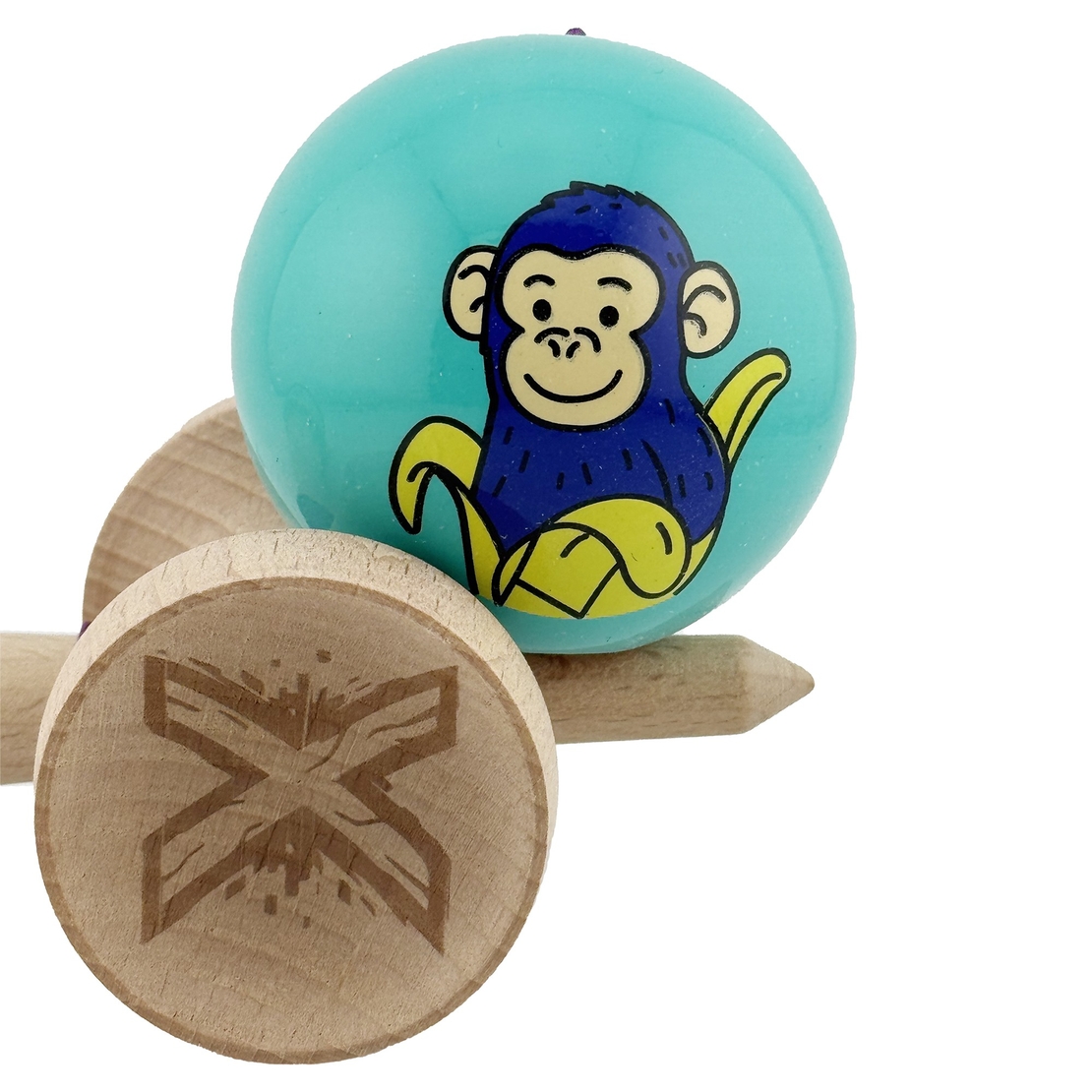 Kendama X Originala, Profesionala, Flippy, Blue Monkey, Super Sticky cu Cupe Mari King Size V3, Rulment Metalic si Gaura in Baza, din Lemn 18 cm, Ata 62/65 cm, Turcoaz