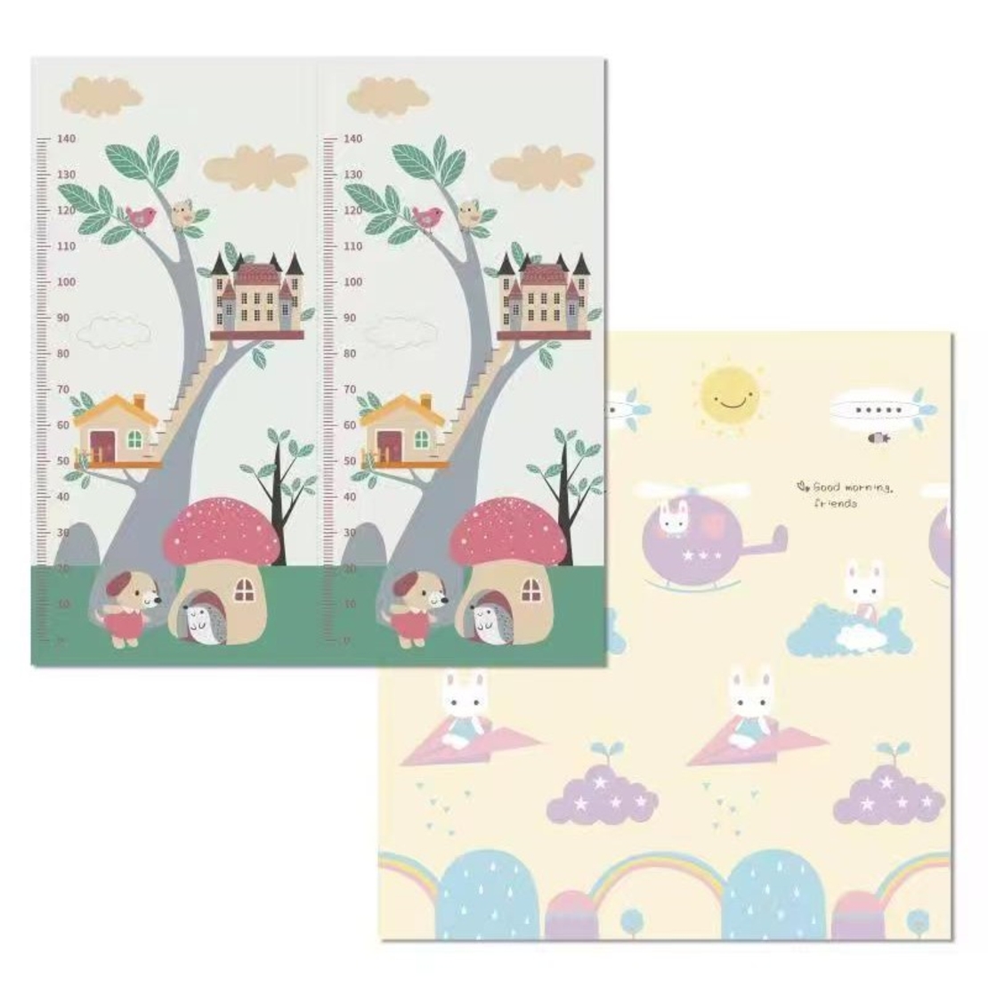 Covoras pentru Copii, Flippy, cu 2 Fete, Model Casute in Copaci/Iepurasi, din XPE+PE, Impermeabil, Antiderapant, Protectie Termica, +3 Luni, Pliabil, 150 x 200 x 1.5 cm, Multicolor