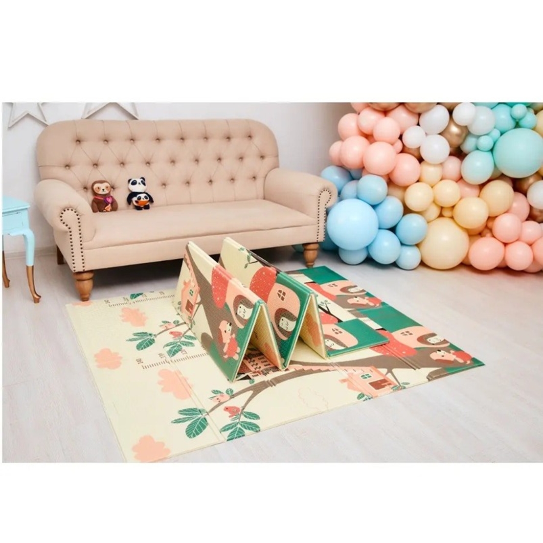 Covoras pentru Copii, Flippy, cu 2 Fete, Model Casute in Copaci/Iepurasi, din XPE+PE, Impermeabil, Antiderapant, Protectie Termica, +3 Luni, Pliabil, 150 x 200 x 1.5 cm, Multicolor
