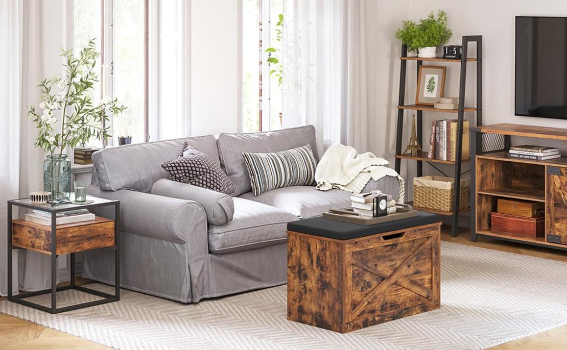 VASAGLE Banca pentru pantofi cu perna, tip cufar de depozitare, stil hambar, 76x40x48cm, maro rustic