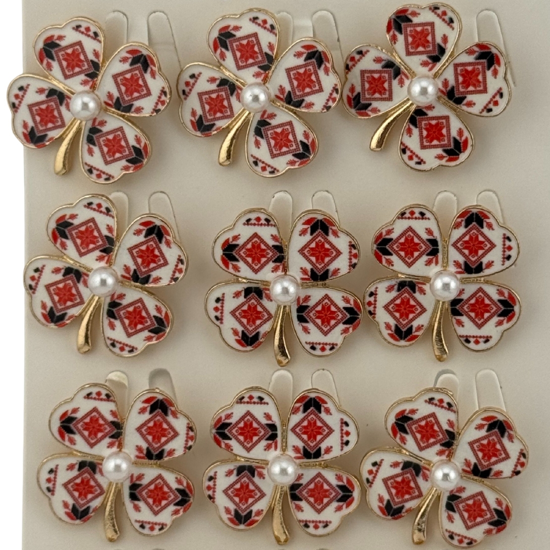 Set 12 Brose Martisor Primavara, Jolie, Model Trifoi Traditional cu Perla, Rosu