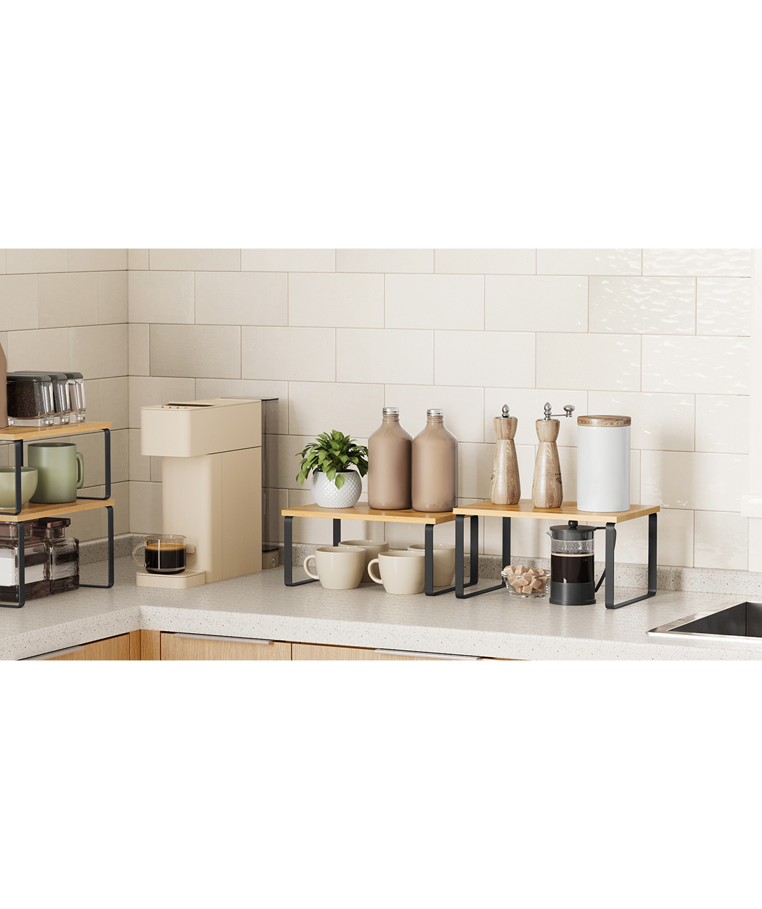 SONGMICS Set 2 rafturi de bucatarie suprapozabile, pentru ustensile sau condimente, 20x30x16cm, natur si negru