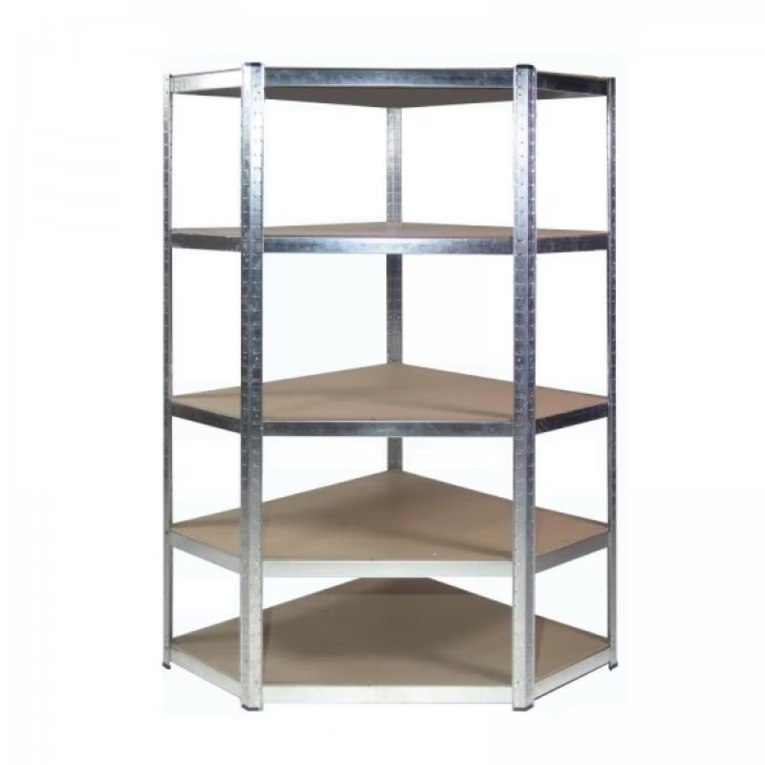 Raft depozitare metalic colt 5 niveluri cu polite MDF, structura otel galvanizat, 180x90x30 cm, argintiu