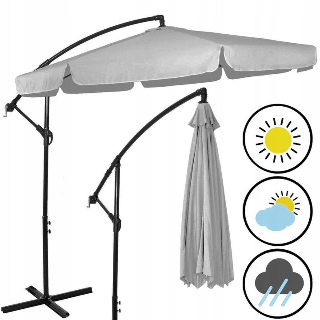 Umbrela de gradina cu brat lateral banana, cu husa, 300cm, gri deschis