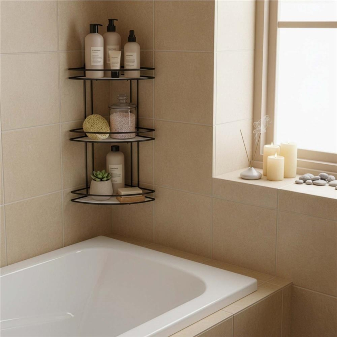 Etajera de colt pentru dus, cu 3 polite, montaj pe perete, inox, 25x25x59 cm, negru