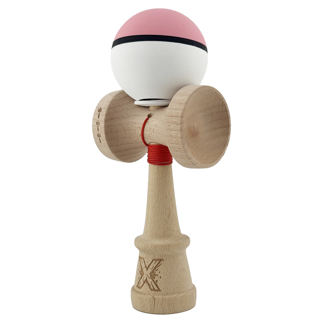 Kendama X Originala, Profesionala, Flippy, Cupe Mari KING SIZE V3, Rubber Grip, Gaura in Baza, Rulment Metalic, din lemn 18 cm, Ata 62/65 cm, S Bicolor Roz/Alb