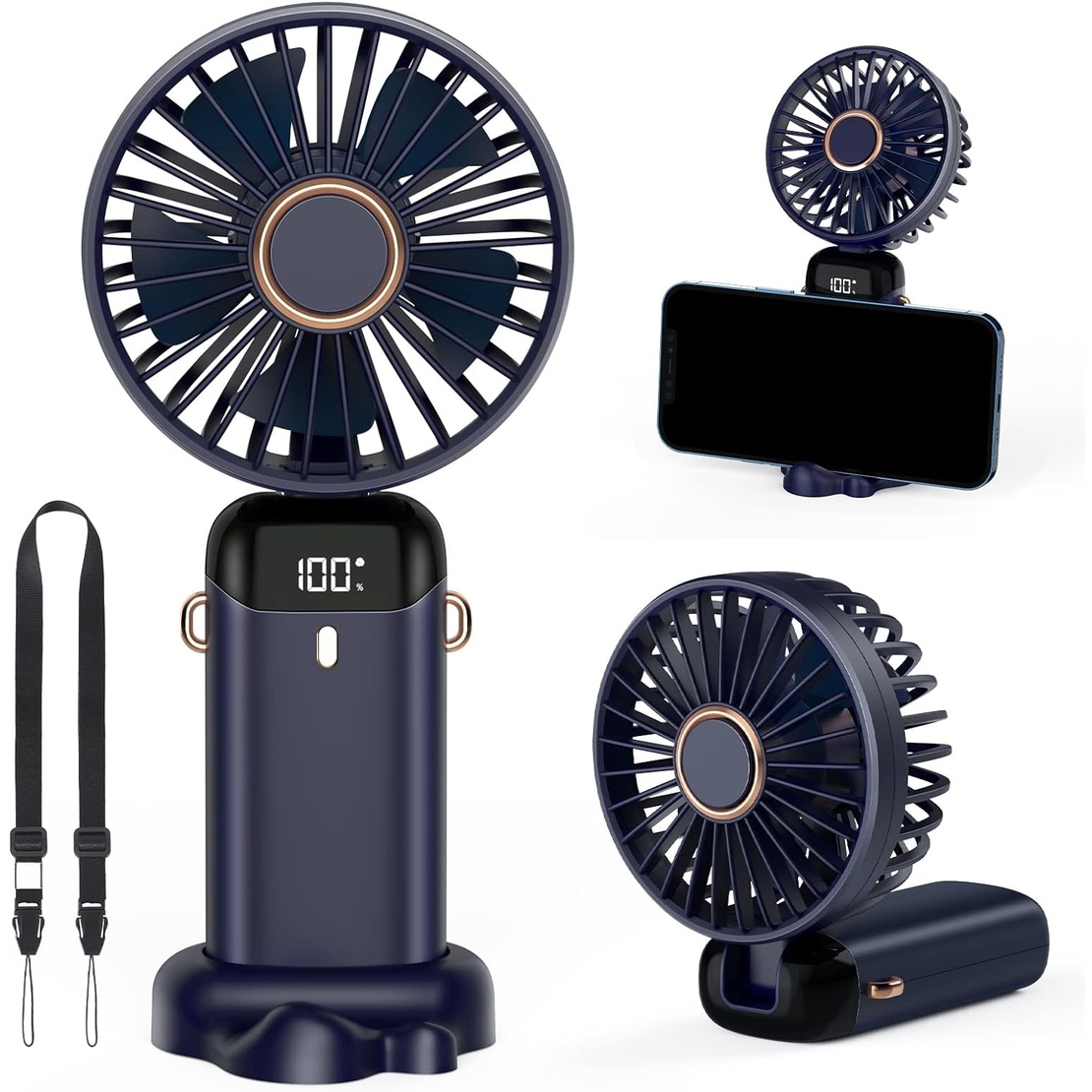Ventilator Ultra Portabil cu Aromaterapie, Vafy, 3 in 1, de Mana, de Birou, de Gat, 5 Trepte de Viteza, Incarcare USB, Autonomie 12h, Pliabil, cu Ecran LCD, Albastru