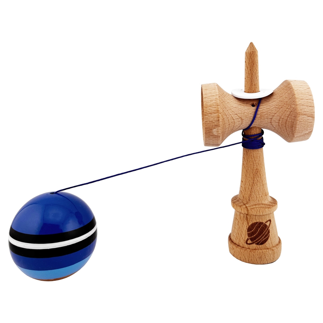 Kendama X Originala, Profesionala, Flippy, SATURN Blue Planet, Super Sticky cu Cupe Mari KING SIZE V3, Gaura in Baza, Rulment Metalic, din lemn 18 cm, Ata 62/65 cm, Albastru