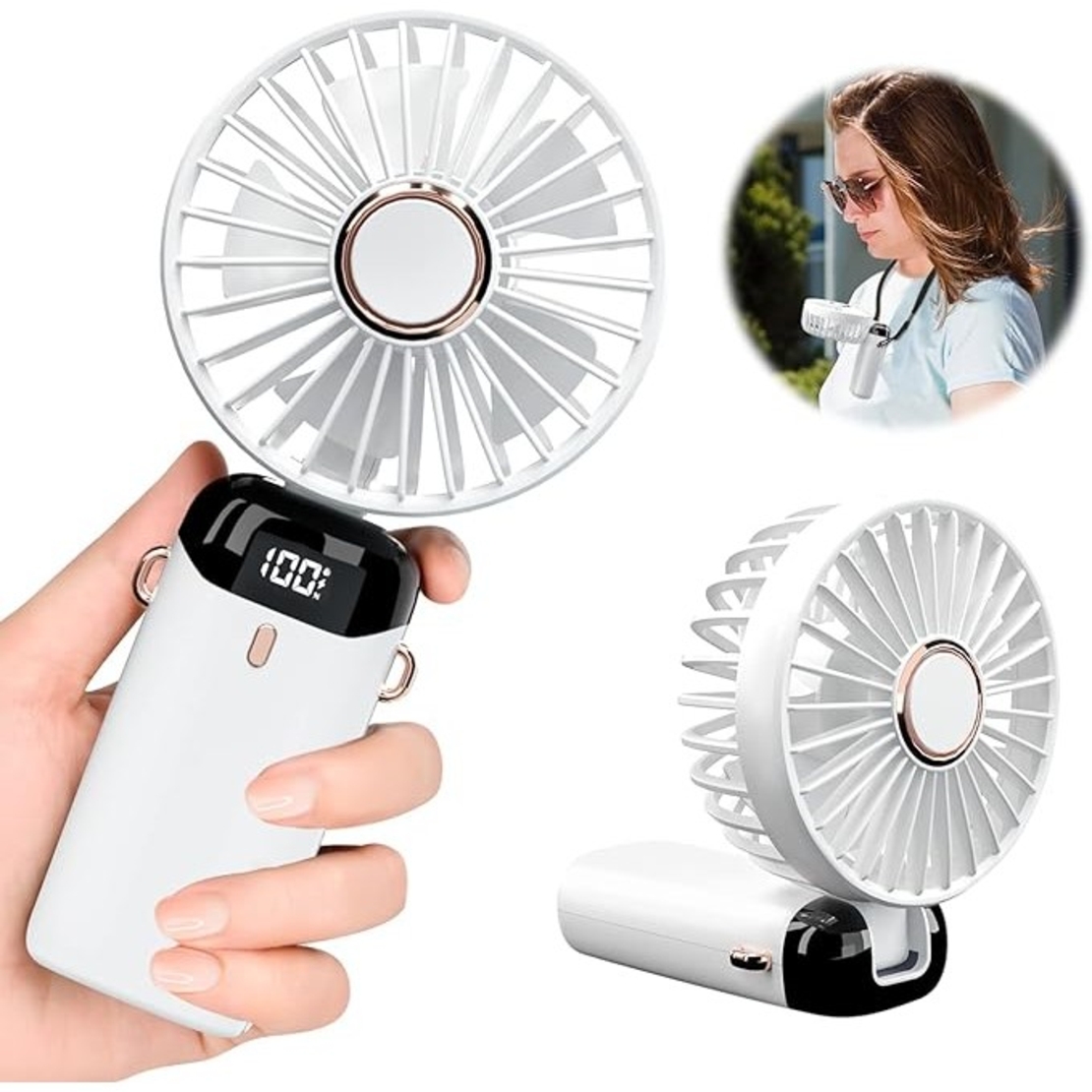 Ventilator Ultra Portabil cu Aromaterapie, Vafy, 3 in 1, de Mana, de Birou, de Gat, 5 Trepte de Viteza, Incarcare USB, Autonomie 12h, Pliabil, cu Ecran LCD, Alb