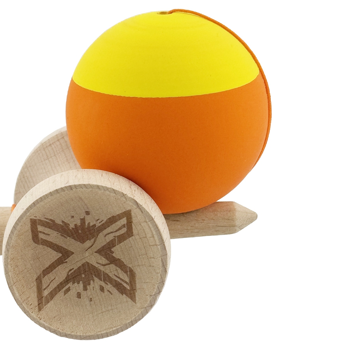 Kendama X Originala, Profesionala, Flippy, Rubber Grip, Cupe Mari KING SIZE V3, Gaura in Baza, Rulment Metalic, din lemn 18 cm, Ata 62/65 cm, Bicolor Galben/Portocaliu