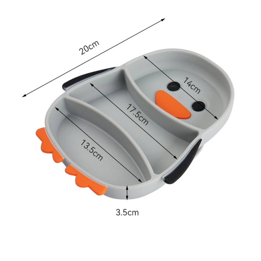 Set diversificare bebelusi Flippy, din silicon, 23.5 x 12.5 cm, 1 farfurie compartimentata in forma de pinguin, lingurita si furculita, pai, perie pai, fara alergeni, ventuza fixare, forma creativa, gri