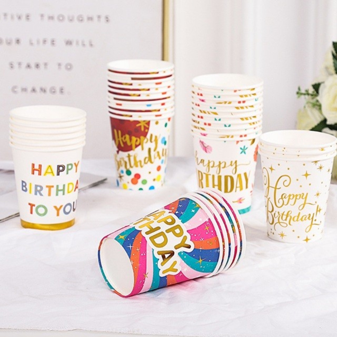 Set 10 Pahare, Flippy, Imprimeu Happy Birthday to You, din Carton, 250 ml, 7.5 x 8.5 x 5.2 cm, Multicolor