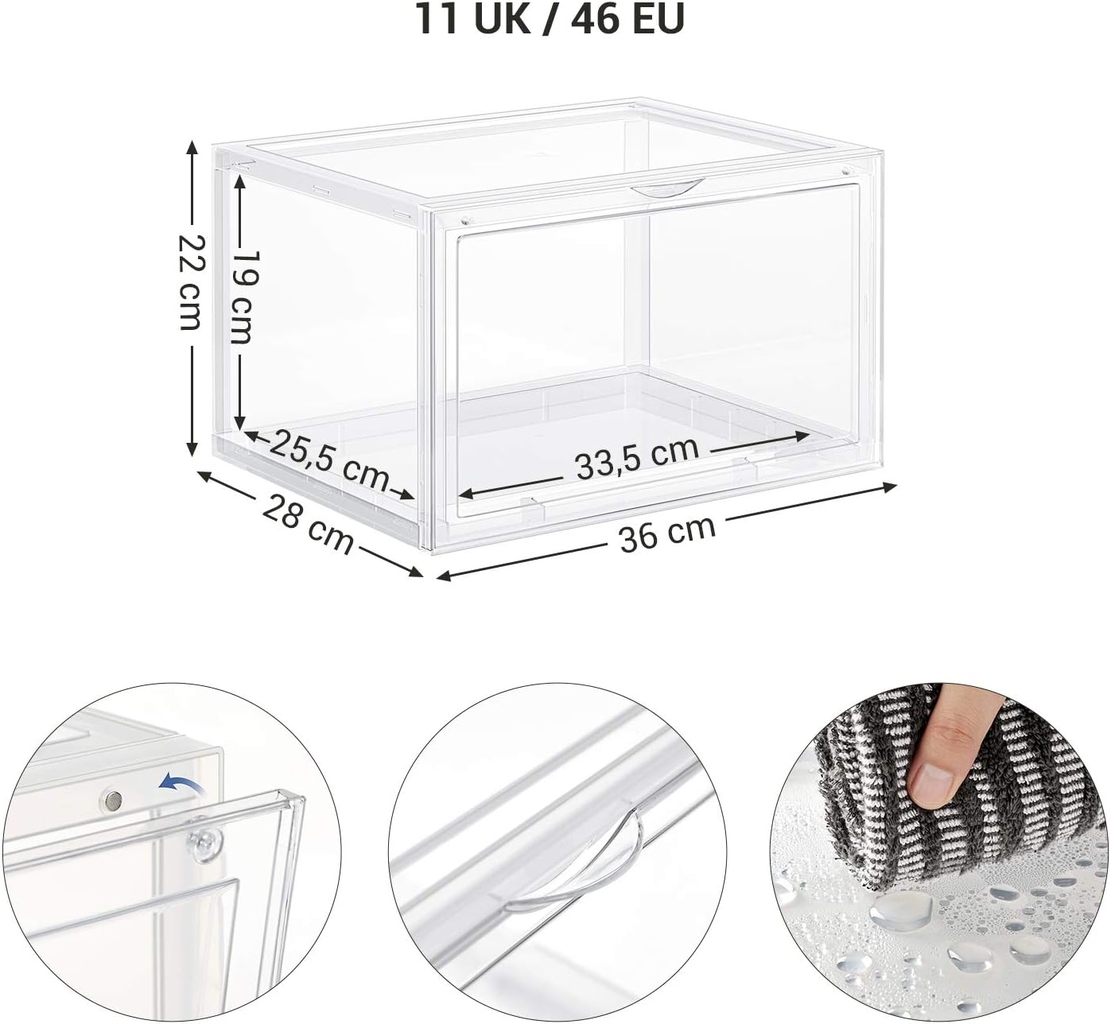 SONGMICS Organizatoare pantofi, transparente cu usa frontala, stivuibile, PVC, 6 cutii x 36x28x22 cm, transparent
