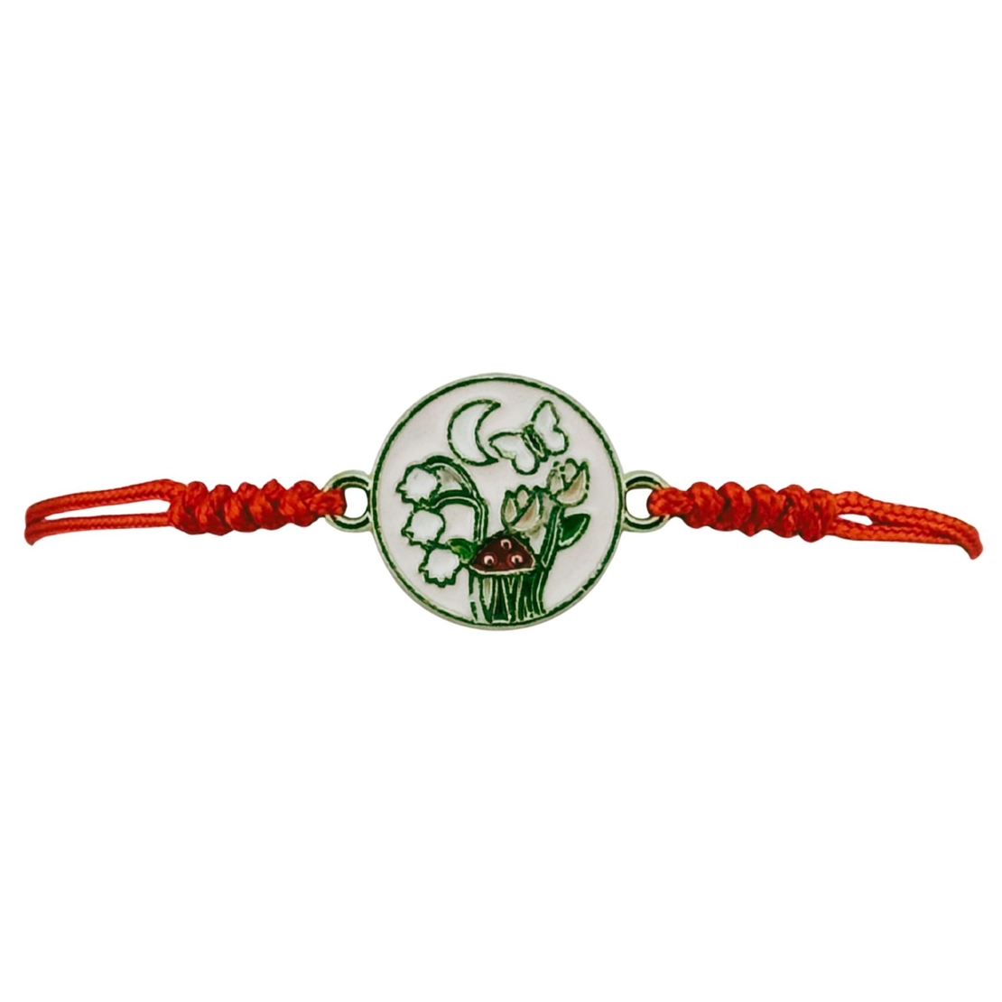 Martisor Bratara pentru Dama si Copii, Jolie, Model Gradina Magica cu Lacramioare si Fluture, Set 12 bucati, Pandantiv Emailat, Snur Reglabil, Rosu/Alb
