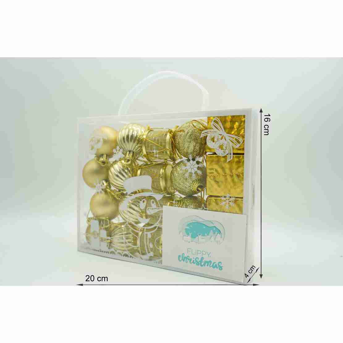 Set de 20 ornamente de brad, Flippy, de tip Glob, Auriu, din polistiren, cu finisaj sclipitor , cutie 4 cm adancime x 20 cm lungime x 16 cm inaltime