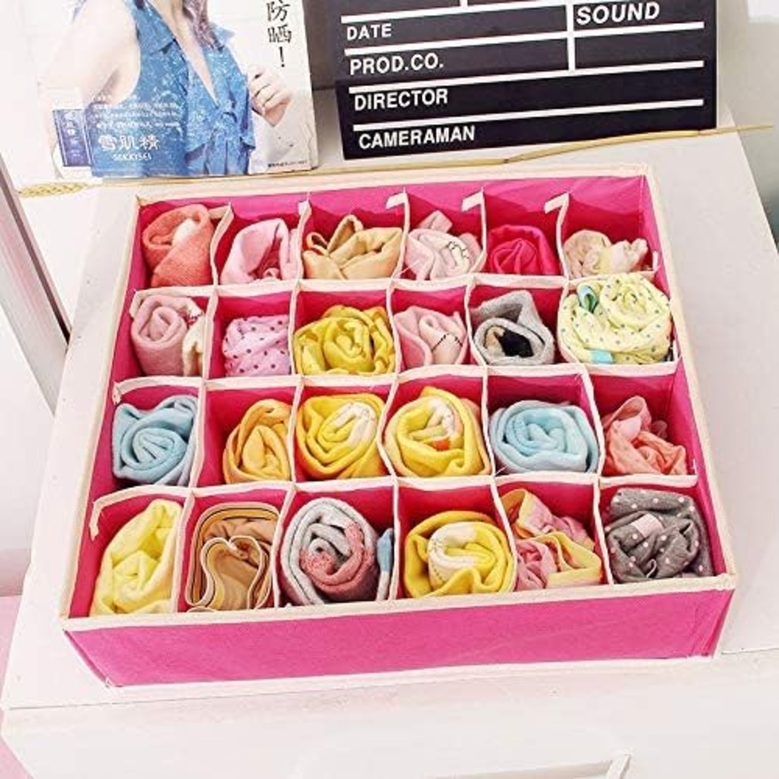 Cutie De Depozitare, Flippy, Pentru Lenjerie, Sosete Si Sutiene, Material Textil, 24 Compartimente, 32 x 32 x 10 cm, Culoare Roz