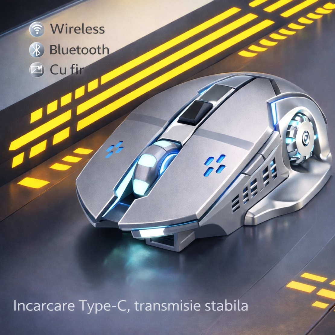 Mouse Wireless, Vafy, 6 Butoane, DPI Ajustabil 1200-3600, Iluminare RGB Tip Breathing, Reincarcabil, 138x80x38 mm, Compatibil MacBook/iPad/Laptop, Gri