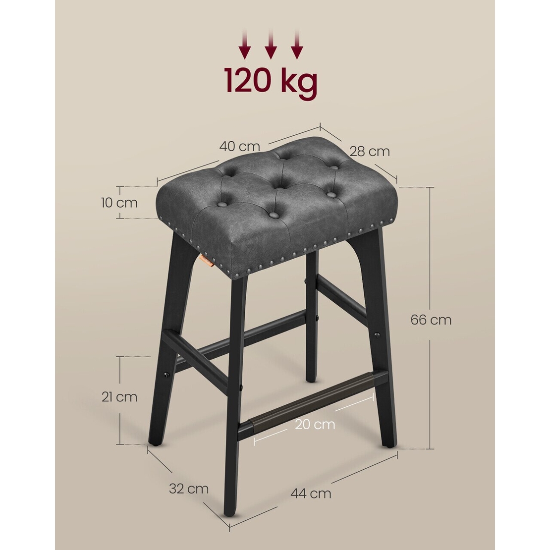 VASAGLE Set 2 scaune bar cu tapiterie piele ecologica, picioare din lemn, 44x32x66 cm, negru
