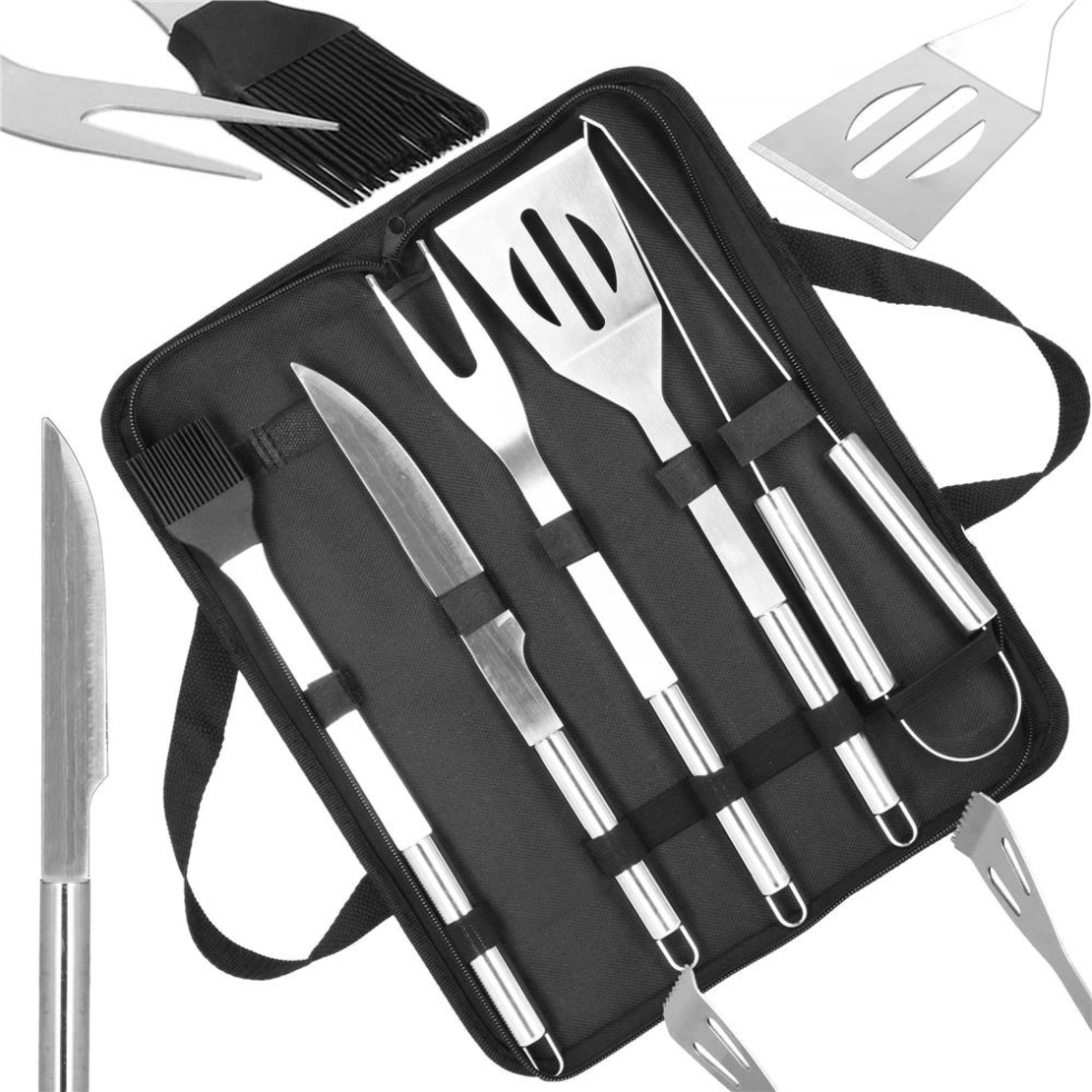 Set ustensile gratar 5 piese, inox, cu husa transport, 37x14x5 cm, argintiu
