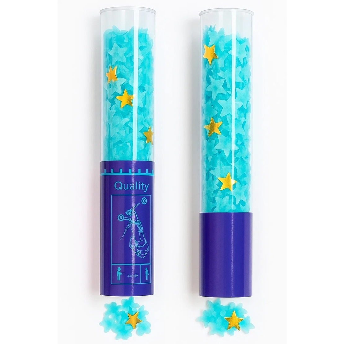 Tun de Confetti, Flippy, 40 cm, Model Stelute din Folie si Hartie, Ambalaj PET, Albastru