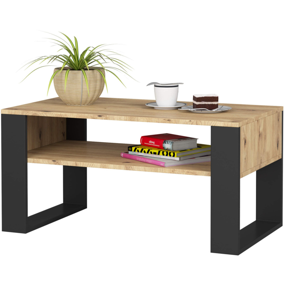 Masuta de cafea Domi cu raft inferior, blat laminat, 92x50x45 cm, stejar artisan si negru