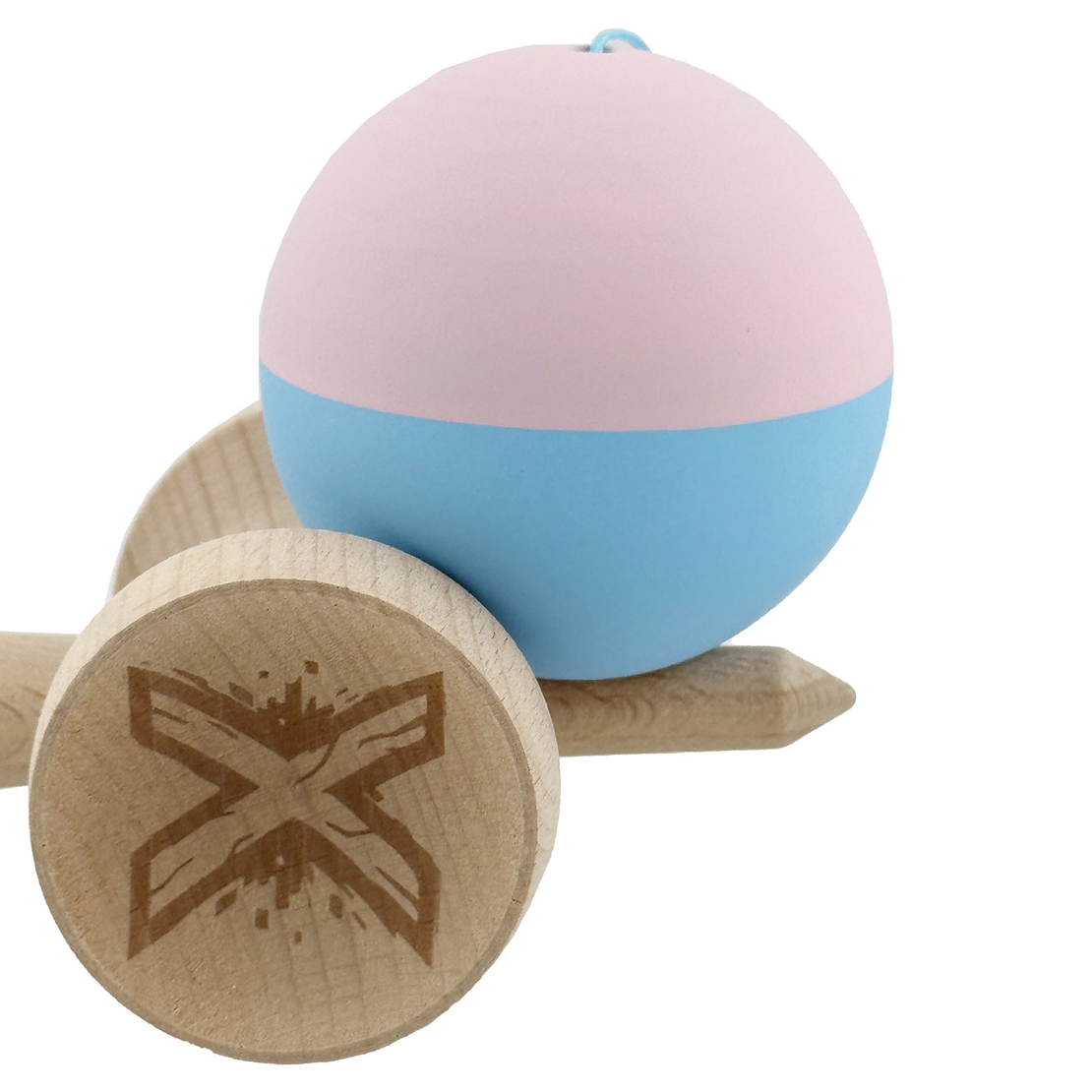 Kendama X Originala, Profesionala, Flippy, Rubber Grip, Cupe Mari KING SIZE V3, Gaura in Baza, Rulment Metalic, din lemn 18 cm, Ata 62/65 cm, Bicolor Roz/Bleu