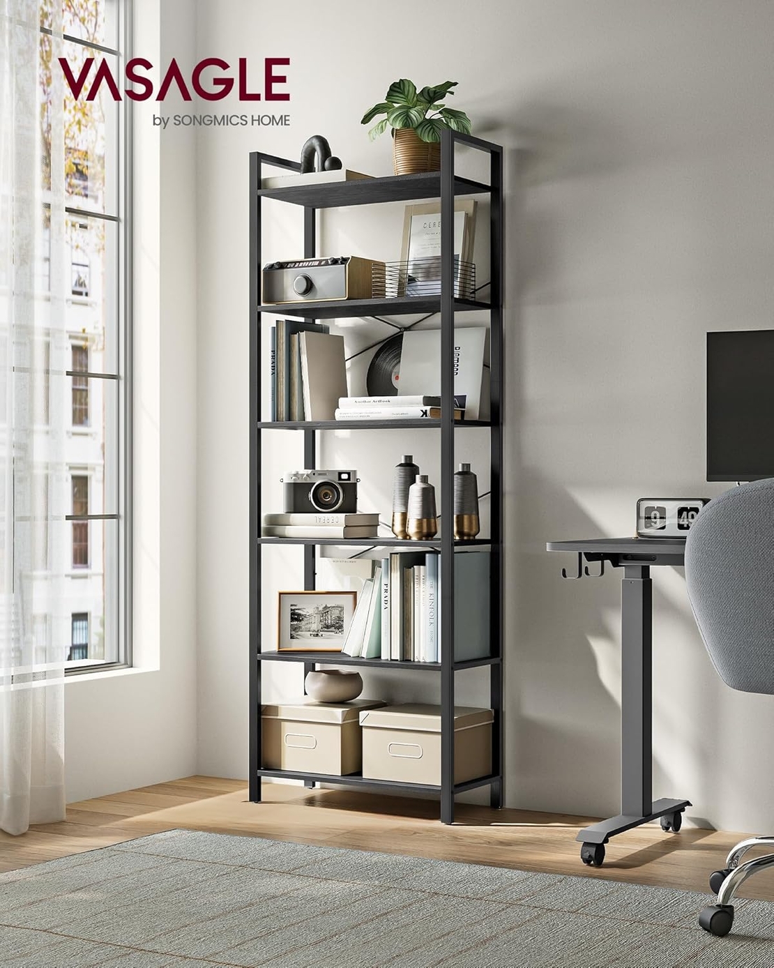 VASAGLE Biblioteca 6 niveluri, cu cadru metalic si rafturi PAL, 66x30x186 cm, negru