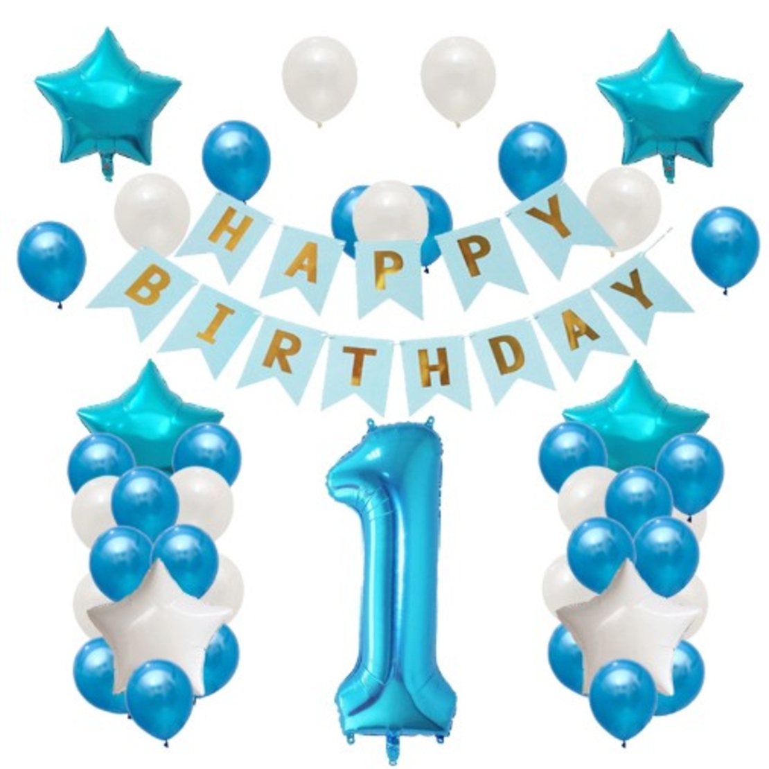 Set Baloane Aniversare HAPPY BIRTHDAY, Vafy, set din 42 bucati, 1 bucata cifra mare, 4 stele din folie aluminiu, 37 simple din latex, Baby Boy, 60 cm Albastru