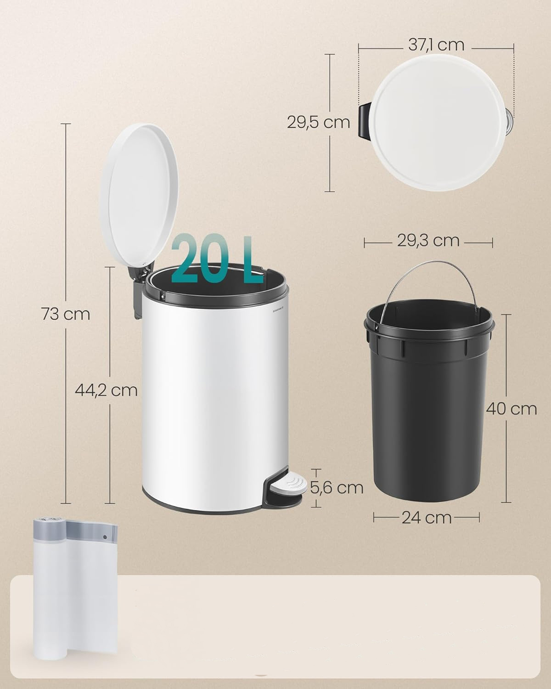 SONGMICS Cos de gunoi cu pedala 20L, capac soft close, galeata interioara detasabila, otel si plastic, 30x37x44 cm, alb