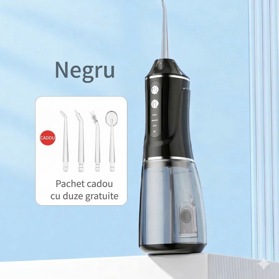 Irigator Bucal Electric, Flippy, Portabil, Dus Bucal pentru Curatare, Indepartare Tartru, 4 Capete, 25 x 8 x 8 cm, Negru