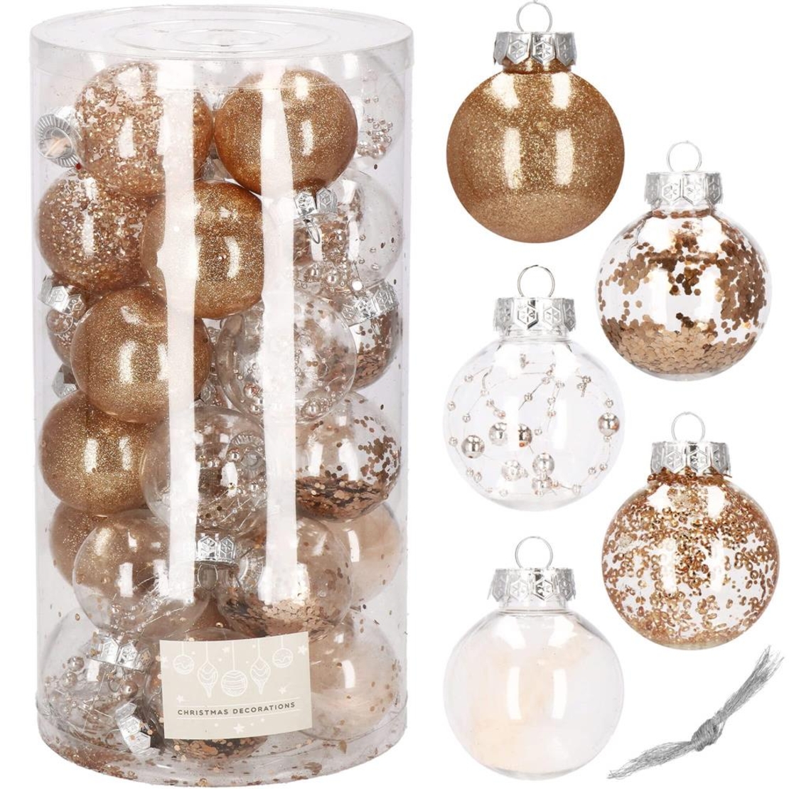 Set globuri de Craciun Inedit, 30 bucati, 6cm, transparente si auriu