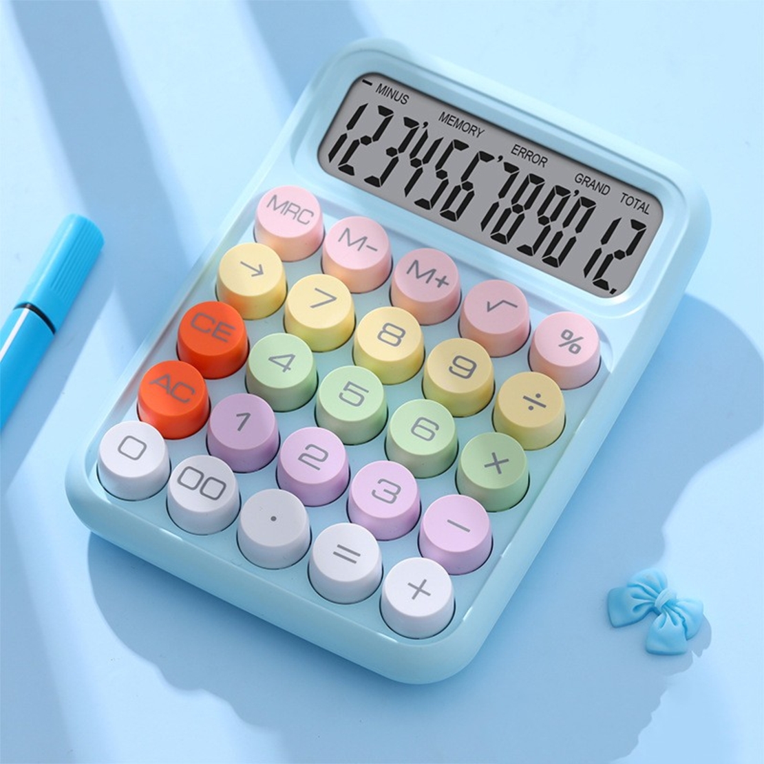 Calculator Electronic pentru Copii, Vafy, Calculator Dragut pentru Scoala Primara, Ecran mare 12 digits si Tastatura Mecania, 16 x 11 x 2 cm, Albastru
