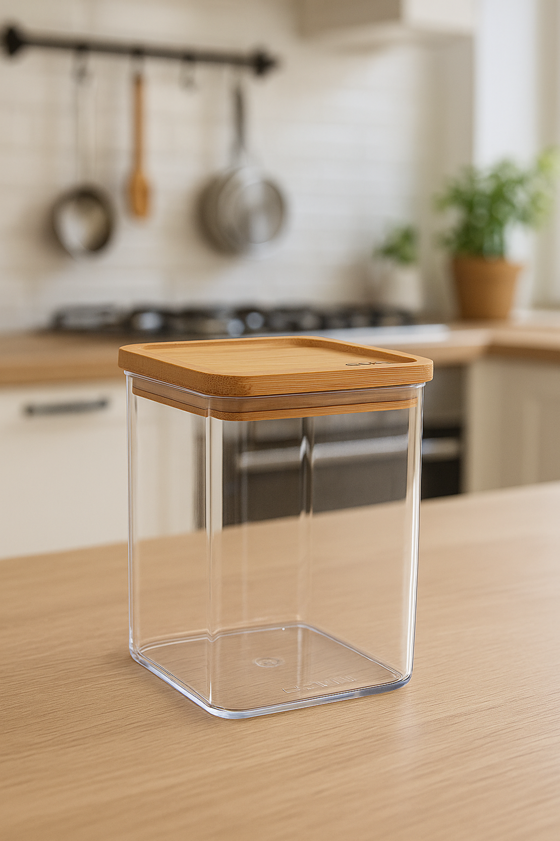 Cutie depozitare 5Five Eske patrata 1L, capac bambus, PS transparent