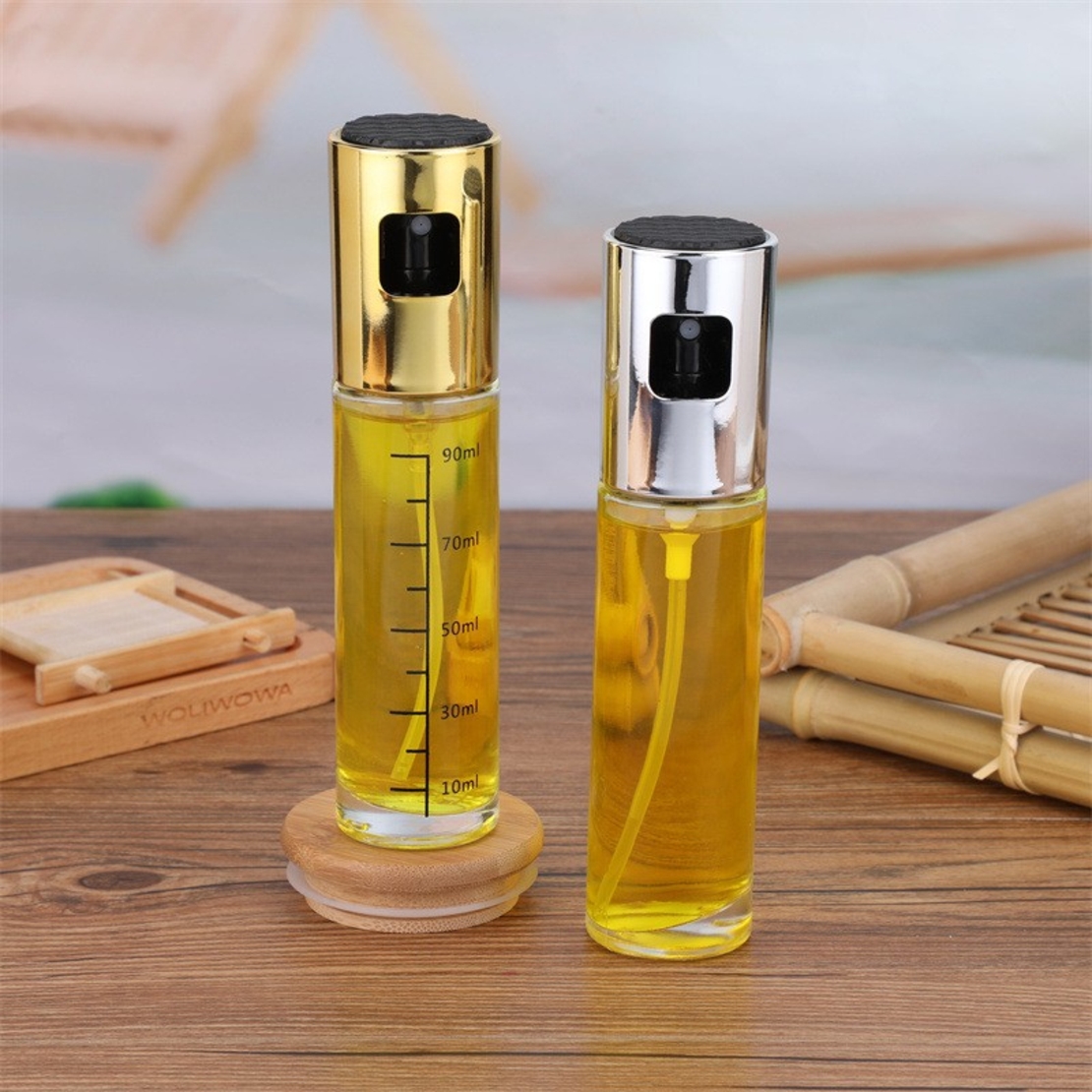 Pulverizator Ulei, Otet, Vafy, din Sticla, 100 ml, Reincarcabil, 18.3 x 4.3 cm, Masura 90 ml, Capac Lucios, Auriu