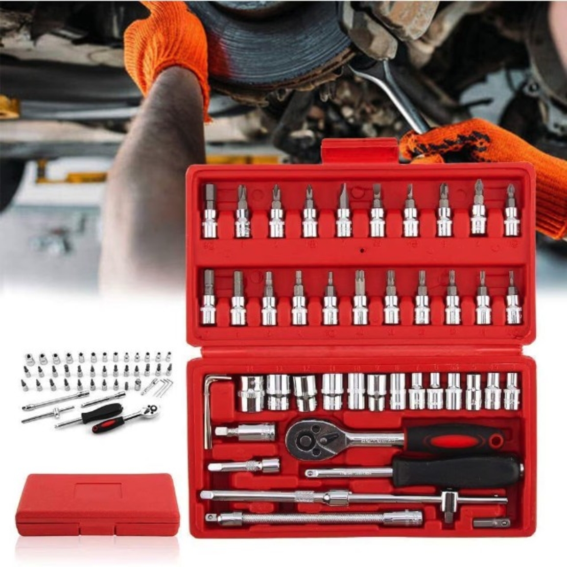 Chei tubulare Set 46 de Piese, Flippy, Trusa Scule de Reparatii Auto, Prelungitoare Rigid si Flexibil, Articulatie Cardanica, Antrenor de Forta Glisant, Adaptoare, Maner pentru Surubelnita, 23 x 12 x 4 cm, 1.9 kg, Cutie Rosie