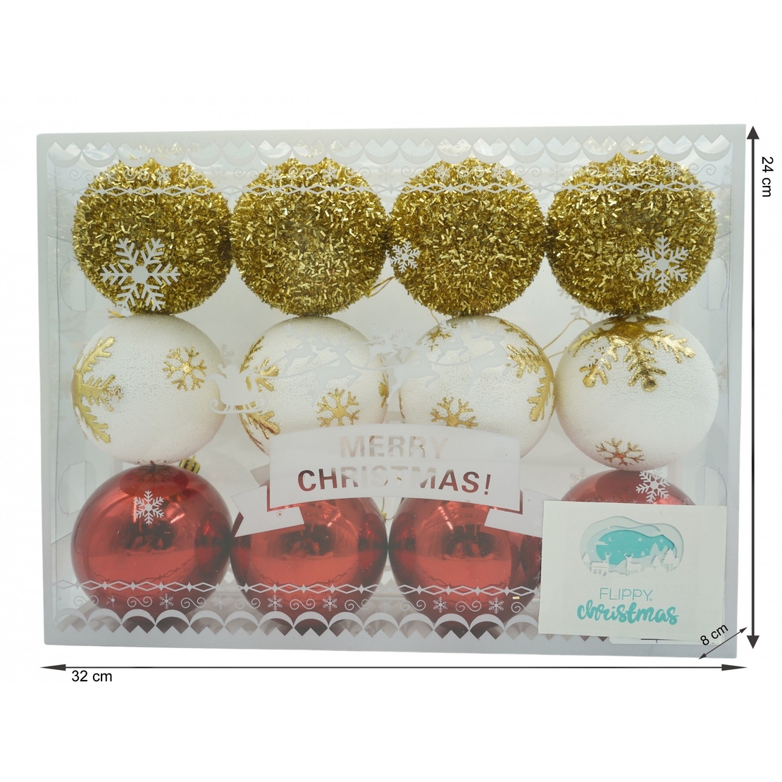 Set de 12 ornamente de brad, Flippy, de tip Glob, Alb/ Rosu, din polistiren, cu finisaj sclipitor , cutie 8 cm adancime x 32 cm lungime x 24 cm inaltime
