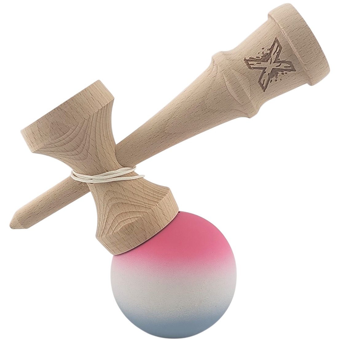 Kendama X Originala, Profesionala, Flippy, din Lemn, Rubber Grip, 18 cm, Roz/Alb/Gri