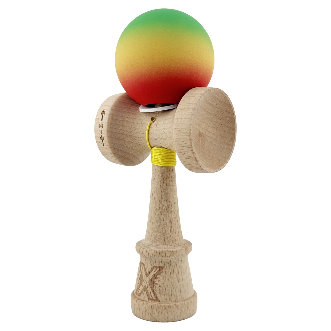 Kendama X Originala, Profesionala, Flippy, Cupe Mari KING SIZE V3, Rubber Grip, Gaura in Baza, Rulment Metalic, din lemn 18 cm, Ata 62/65 cm, Gradient Verde/Galben/Rosu