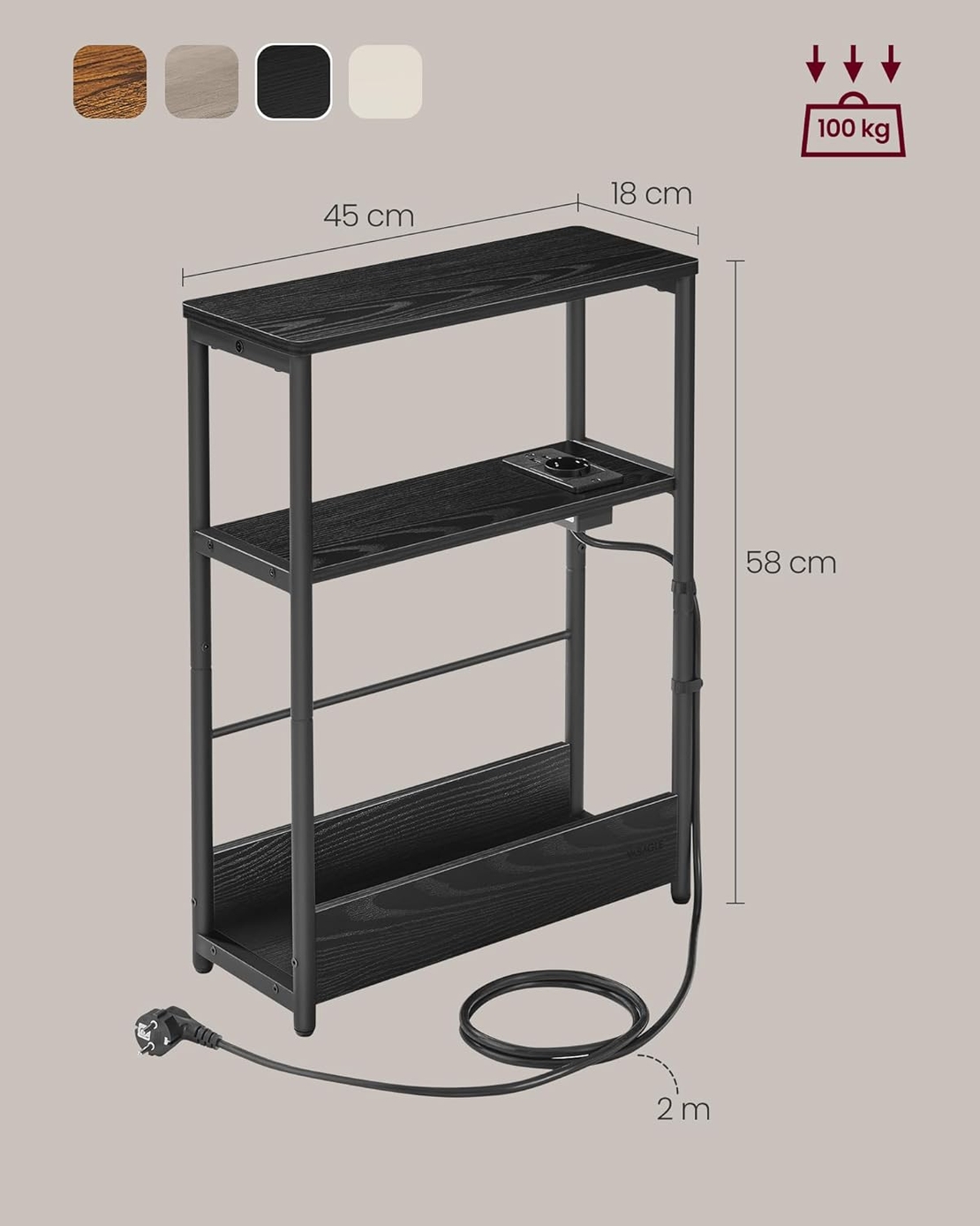 VASAGLE Masuta ingusta cu priza si porturi de incarcare USB, 3 rafturi, 45x18x58 cm, negru