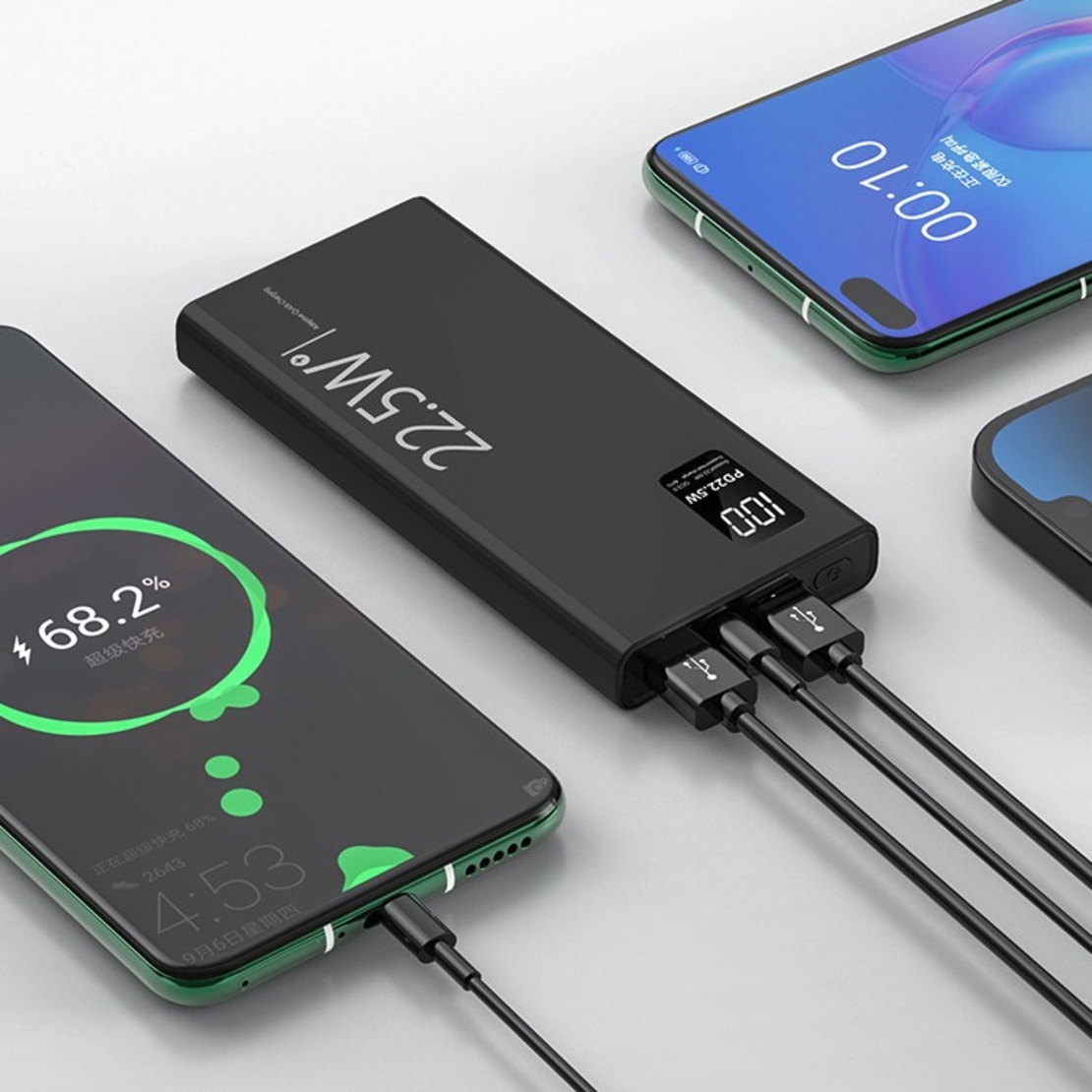 Baterie Externa Powerbank, Flippy, Ultra-Subtire cu Ecran Digital, Compatibilitate Universala, TYPE-C si USB x2, 20000 mAh, Power Delivery 22.5W, 144x66x26 mm, Negru